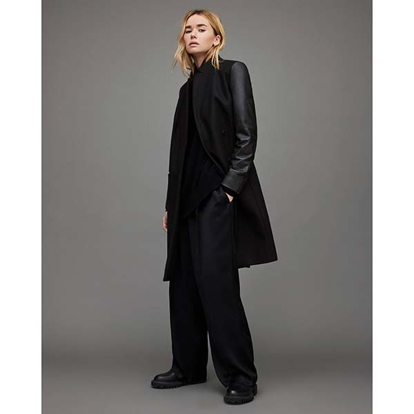 Allsaints Australia Womens Sidney Leather Sleeve Cashmere Mix Coats Black AU70-914